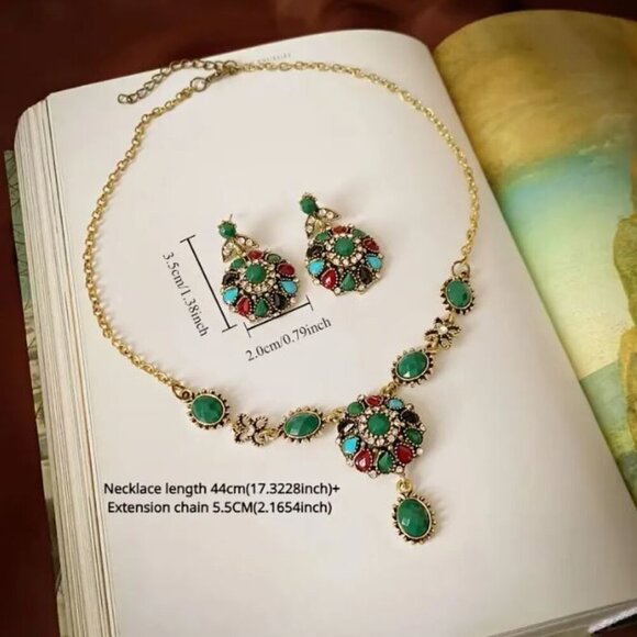 NEW Baroque Jewel Tone Faceted Stone and Crystal Necklace and Earrings Set - Picture 6 of 6